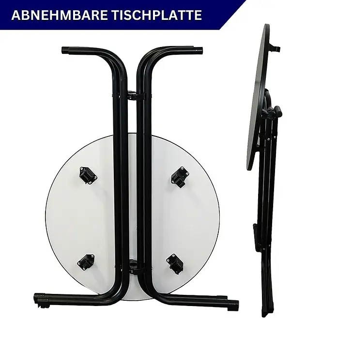 Chefgastro Garten-Stehtisch rund mit Hussen - Klappbar, Schwarz - Abnehmbare Tischplatte mit schwarzem Gestell. Die Tischplatte ist weiß und rund und das Gestell ist aus Metall.