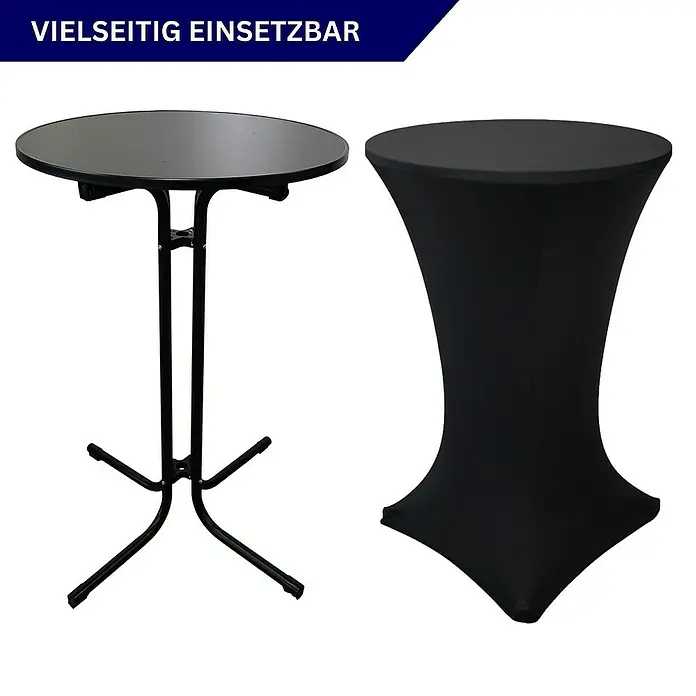 Chefgastro Garten-Stehtisch rund mit Hussen - Klappbar, Schwarz - Zwei Stehtische: Einer mit schwarzer Platte und Metallgestell, der andere mit schwarzer Stretchhusse.