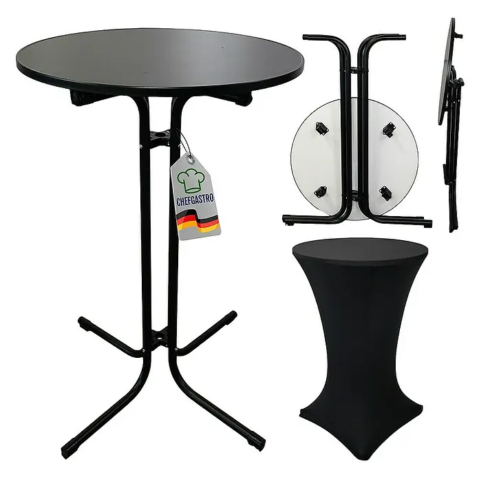 Chefgastro Garten-Stehtisch rund mit Hussen - Klappbar, Schwarz - Abbildung eines schwarzen Stehtisches der Marke CHEFGASTRO, zusammenklappbar und mit Hülle.