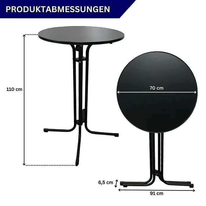 Chefgastro Garten-Stehtisch rund mit Hussen - Klappbar, Schwarz - Produktabbildung eines schwarzen runden Stehtisches mit den Produktabmessungen Höhe 110cm, Durchmesser 70cm, Füße 6,5cm hoch und 91cm breit.