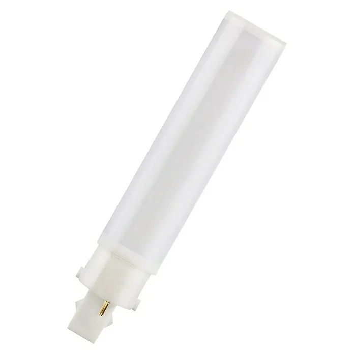 Osram Dulux D LED-Lampe - G24d-2, Nicht Dimmbar, Kaltweiß, 640 lm, 7 W - Nahaufnahme einer stabförmigen LED-Lampe mit weißem Diffusor und Sockel mit Stiften für den Anschluss.