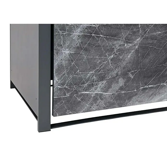 Proregal Mülltonnenbox 1er Mülltonnenverkleidung - Metall, Marmor-Optik dunkel, Geeignet für Anzahl Mülltonnen: 1 Stk. - Nahaufnahme eines modernen Tisches mit einer grauen Marmorplatte und einem dunklen Metallgestell, ideal für stilvolle Innenräume.