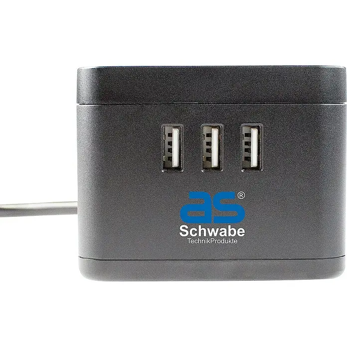 as-schwabe Steckdosenleiste - 2-fach, Schwarz, Kabellänge: 1,5 m, IP20, Mit Schalter - USB-Ladegerät von Schwabe mit drei USB-Anschlüssen zum Aufladen verschiedener Geräte. Das Gerät ist kompakt und ideal für Reisen.