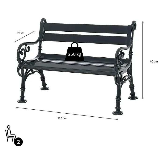 Proregal Gartenbank Curacao 2-Sitzer aus Kunststoff - Anthrazit - Schwarze Parkbank mit Maßen 115 x 44 x 85 cm und einer Belastbarkeit von 250 kg. Ideal für zwei Personen.