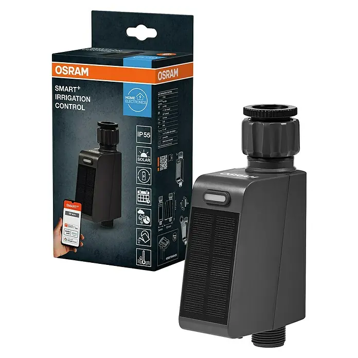 Osram Smart+ Bewässerungssteuerung - Batteriebetrieben, Passend für: Bewässerungssteuerung, Smart Home System, 1 & ¾ Zoll Wasserhahn - OSRAM SMART+ Irrigation Control mit Solarpanel und Verpackung. Das Gerät bietet intelligente Bewässerung und ist energieeffizient durch Solarenergie.
