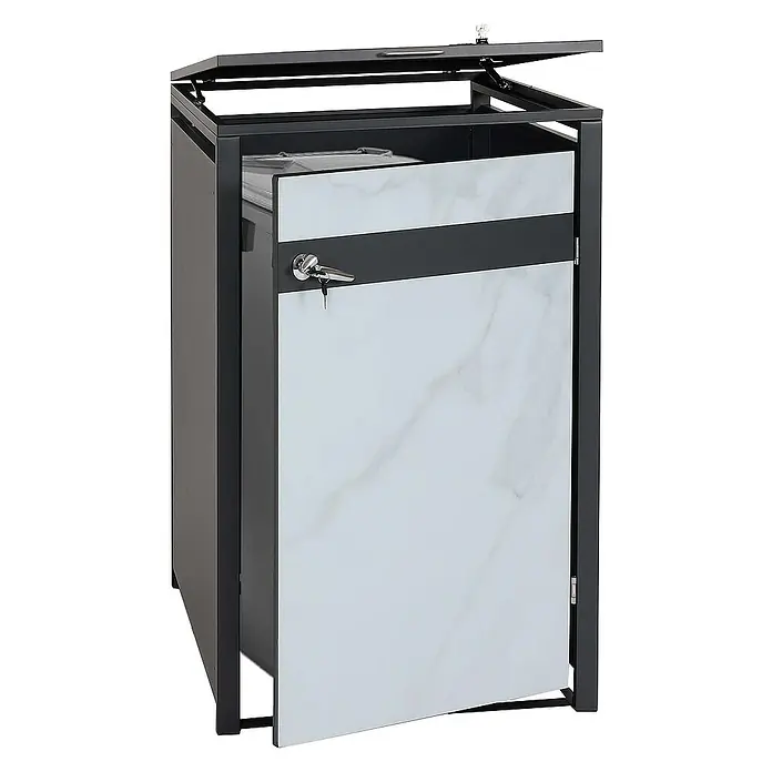 Proregal Mülltonnenbox 1er Mülltonnenverkleidung - Metall, Marmor-Optik hell, Geeignet für Anzahl Mülltonnen: 1 Stk. - Ein moderner, abschließbarer Briefkasten mit einem marmorierten Türdesign und einem Rahmen aus dunklem Metall.
