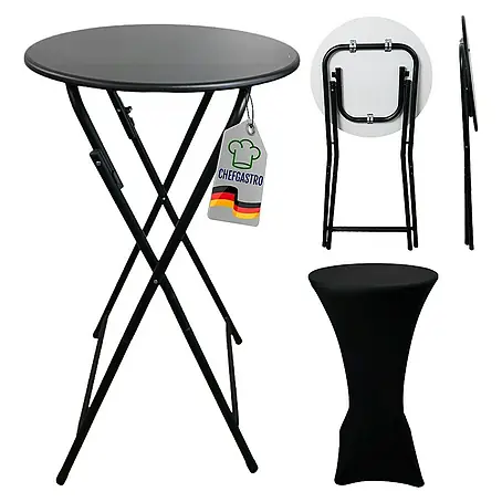 CHEFGASTRO Stehtisch mit Hussen klappbar Rund HxØ 110x60cm Bistrotisch In- & Outdoor Stahl, MDF-Platte mit PVC-Beschichtung Schwarz Gastro wetterfest Klapptisch Gartentisch