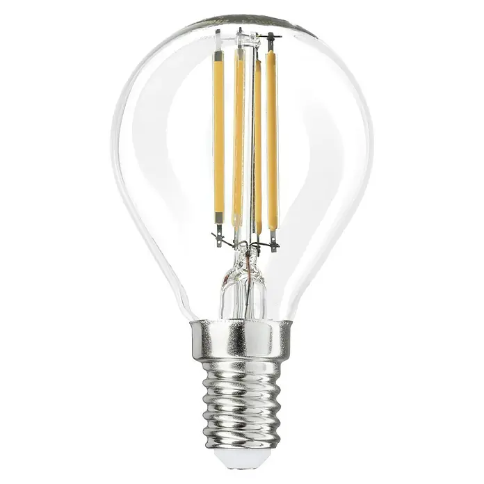 Voltolux Bombilla LED Filamento, forma de gota - E14, No regulable, Blanco cálido, 250 lm, 2,1 W - Primer plano de una bombilla de filamento LED transparente, que irradia un brillo cálido y acogedor. Solución de iluminación energéticamente.