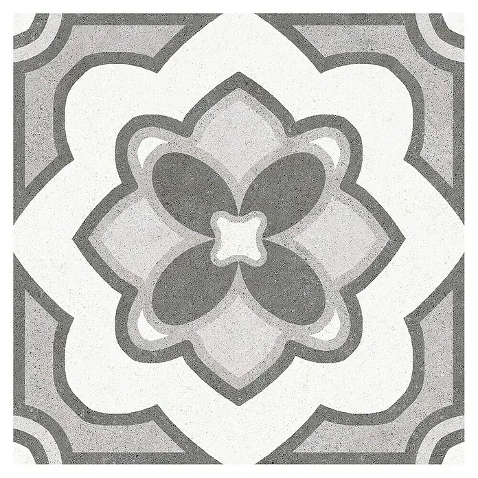 Feinsteinzeugfliese Vintage Mix - 25 x 25 cm, Weiß/Grau, Matt - Dekorfliese im Vintage-Stil mit grauem Blumenmuster für ein stilvolles und zeitloses Ambiente in jedem Raum.