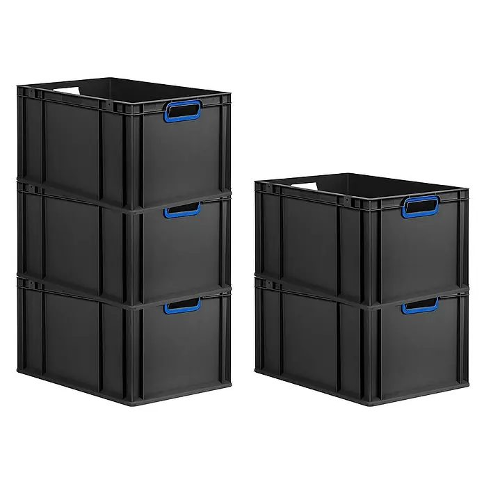 Proregal Eurobox Eurobox NextGen Color - L x B x H: 60 x 40 x 32 cm, Kunststoff, Schwarz, Blau - Stapel aus schwarzen Kunststoffboxen mit blauen Griffen, ideal für Lagerung und Organisation im Haushalt oder Büro. Praktisch und robust.