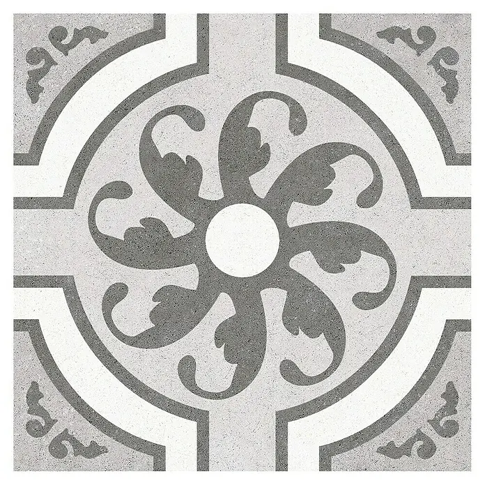 Feinsteinzeugfliese Vintage Mix - 25 x 25 cm, Weiß/Grau, Matt - Fliesenmuster mit floralem Ornament und geometrischen Elementen in Grau- und Weißtönen für ein klassisches, elegantes Design.