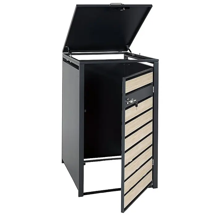 Proregal Mülltonnenbox 1er Mülltonnenverkleidung - 68 x 80 cm, Metall, Gold-Optik, Geeignet für Anzahl Mülltonnen: 1 Stk. - Ein offener, abschließbarer Mülltonnenbox mit Holzdetails und einem schwarzen Rahmen für den Außenbereich.