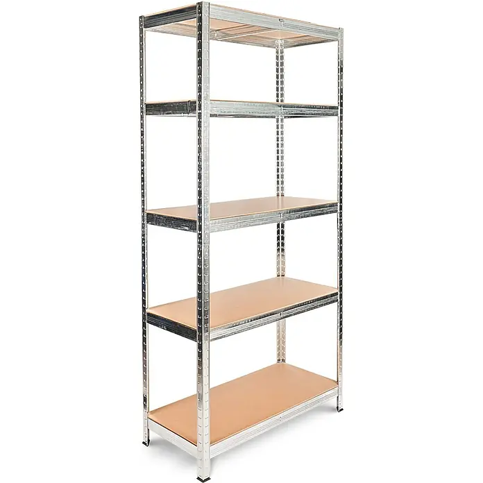 deluxe4home Schwerlastregal - Anzahl Böden: 5 Stk., Silber - Bild eines Metallregals mit fünf Regalböden. Das Regal ist silbern und die Böden sind hellbraun, perfekt für Lagerung.