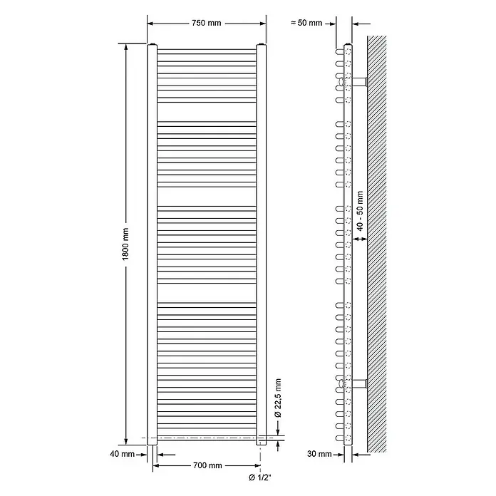 LuxeBath Elektro-Badheizkörper Handtuchwärmer Elektrisch Seitenanschluss mit Heizstab 1200W gebogen - B x H: 75 x 180 cm - Technische Zeichnung eines Heizkörpers mit Maßangaben zu Höhe, Breite und Wandabstand.