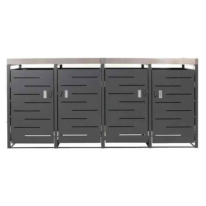 Proregal Mülltonnenbox 4er-Mülltonnenverkleidung - Metall, Edelstahl, Geeignet für Anzahl Mülltonnen: 4 Stk. - Eine graue Mülltonnenbox mit horizontalen Schlitzen und silbernen Griffen. Sie bietet Platz für vier Mülltonnen.