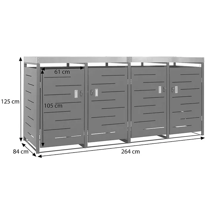 Proregal Mülltonnenbox 4er-Mülltonnenverkleidung - Metall, Edelstahl, Geeignet für Anzahl Mülltonnen: 4 Stk. - Mülltonnenbox mit den Maßen 61 x 84 x 125 cm bietet stilvollen Stauraum für Abfallbehälter. Gesamtbreite 264 cm.