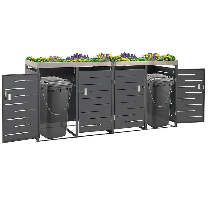 Proregal Mülltonnenbox 4er-Mülltonnenverkleidung - Metall, Edelstahl, Geeignet für Anzahl Mülltonnen: 4 Stk. - Das Bild zeigt einen Mülltonnenbox mit Bepflanzung. Die Box bietet Platz für drei Mülltonnen und ist mit einem Pflanzbeet versehen.