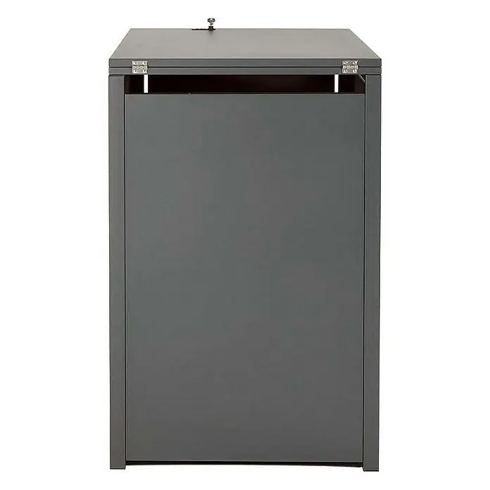 Proregal Mülltonnenbox XL 1er/2er-Mülltonnenverkleidung - Metall, Buche-Holzoptik Hellbraun, Geeignet für Anzahl Mülltonnen: 2 Stk. - Ein grauer Mülltonnenbox für den Außenbereich mit einem abschließbaren Deckel zum Schutz vor Witterungseinflüssen.