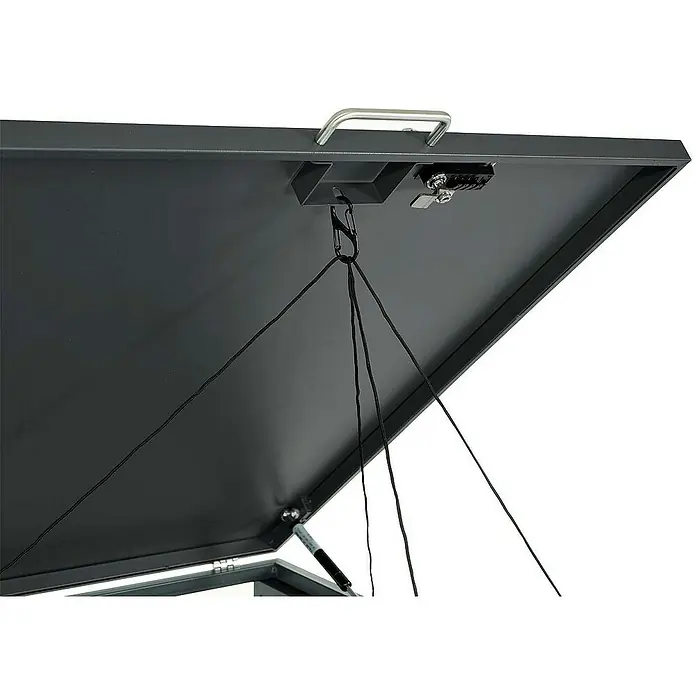 Proregal Mülltonnenbox XL 1er/2er-Mülltonnenverkleidung - Metall, Buche-Holzoptik Hellbraun, Geeignet für Anzahl Mülltonnen: 2 Stk. - Ansicht der geöffneten Deckel eines Outdoor-Aufbewahrungsschranks aus Metall mit Seilzugsystem und einem Vorhängeschloss.