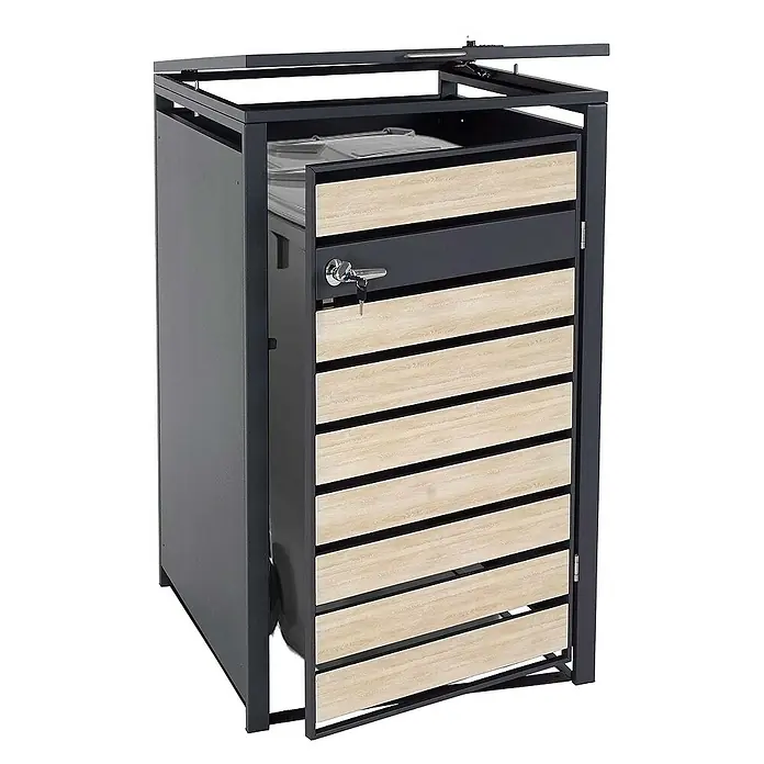 Proregal Mülltonnenbox XL 1er/2er-Mülltonnenverkleidung - Metall, Buche-Holzoptik Hellbraun, Geeignet für Anzahl Mülltonnen: 2 Stk. - Mülltonnenbox mit abschließbarer Tür und Lamellen-Design für den Außenbereich.
