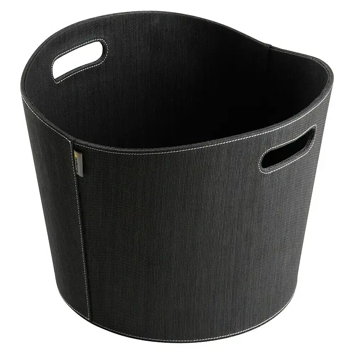Aduro Holzkorb Proline - Ø x H: 39 x 31 cm, Kunststoff, Schwarz - Hier ist eine Nahaufnahme eines grauen, ovalen Wäschekorbs mit weißen Nähten und Griffen auf schwarzem Hintergrund.