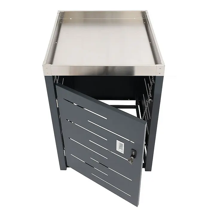 Proregal Mülltonnenbox 1er-Mülltonnenverkleidung - Metall, Edelstahl, Geeignet für Anzahl Mülltonnen: 1 Stk. - Mülltonnenbox mit Edelstahloberfläche und einer Tür mit Schlitzen, die mit einem Schloss gesichert ist.