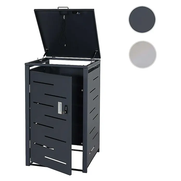 Proregal Mülltonnenbox 1er-Mülltonnenverkleidung - Metall, Anthrazit, Geeignet für Anzahl Mülltonnen: 1 Stk. - Das Bild zeigt eine graue Mülltonnenbox mit geöffneter Tür und Deckel, die eine stilvolle Aufbewahrungslösung bietet.