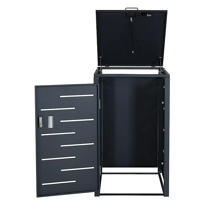 Proregal Mülltonnenbox 1er-Mülltonnenverkleidung - Metall, Anthrazit, Geeignet für Anzahl Mülltonnen: 1 Stk. - Bild eines grauen Mülltonnenbox mit geöffnetem Deckel und Tür, ideal zur Aufbewahrung von Mülltonnen und zur Verschönerung des Außenbereichs.