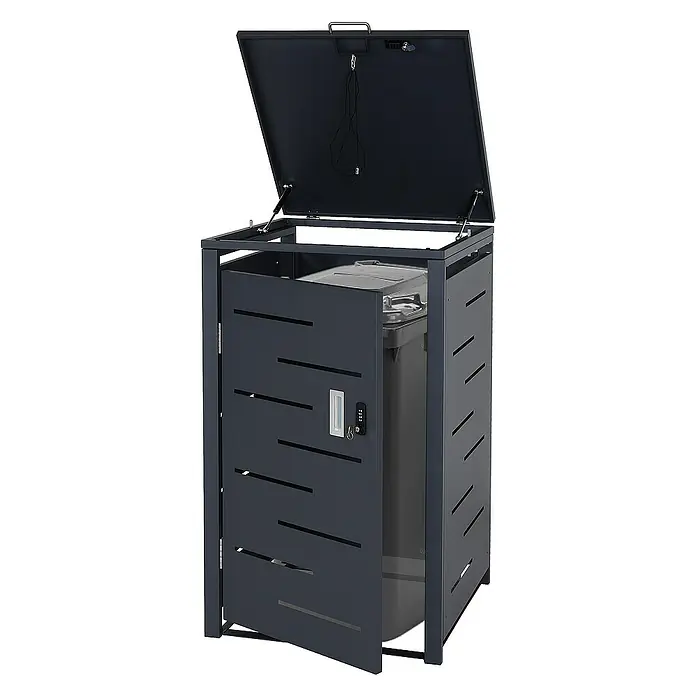 Proregal Mülltonnenbox 1er-Mülltonnenverkleidung - Metall, Anthrazit, Geeignet für Anzahl Mülltonnen: 1 Stk. - Mülltonnenbox mit offenem Deckel und Tür, ideal für die stilvolle Aufbewahrung von Mülltonnen im Außenbereich.
