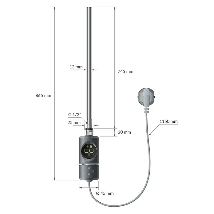 LuxeBath Elektro-Badheizkörper Handtuchwärmer Elektrisch Seitenanschluss mit Heizstab 900W gerade - B x H: 60 x 180 cm - Abbildung eines Heizstabs mit den zugehörigen Maßen, inklusive Länge, Durchmesser und Kabellänge.