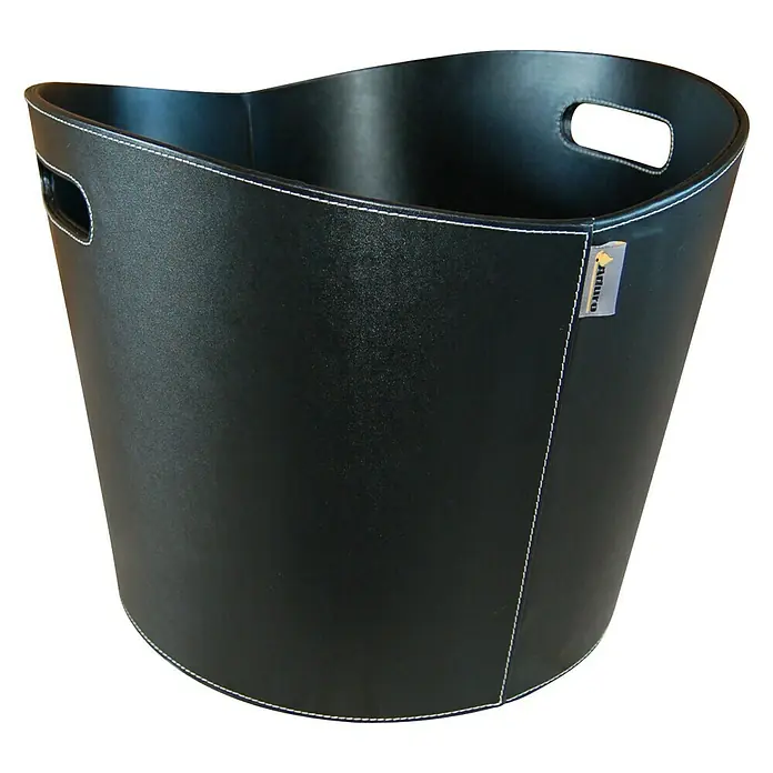 Aduro Holzkorb Proline - Ø x H: 39 x 31 cm, Kunstleder, Schwarz - Schwarzer Leder-Korb mit weißen Nähten und seitlichen Griffen, ideal für Wohnzimmer oder Büro. Stilvolle Aufbewahrungslösung.