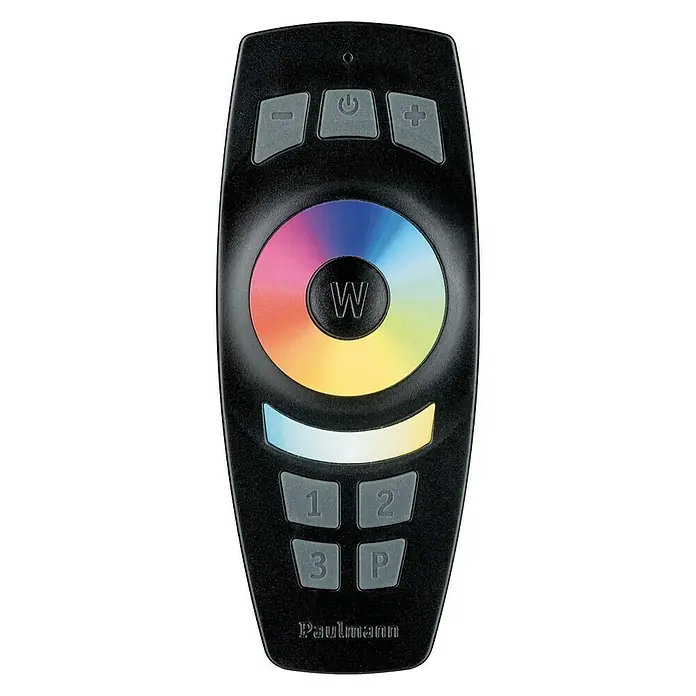 Paulmann Smart Home ZigBee Mando a distancia - Alcance radiodifusión: 50 m, 2,4 GHz - Primer plano de un mando a distancia Paulmann con rueda de colores, botón de encendido y controles de brillo para sistemas de iluminación.