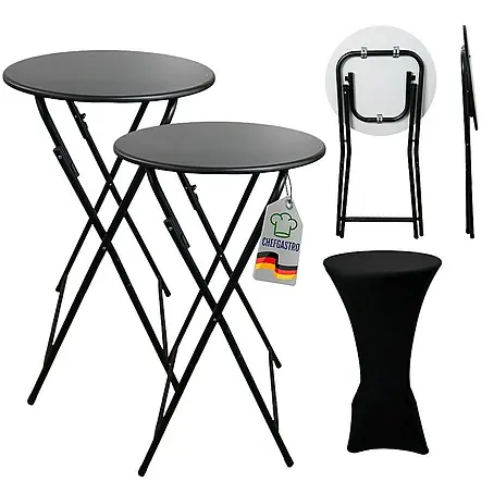 CHEFGASTRO Stehtisch 2er Set mit Hussen klappbar Rund HxØ 110x60cm Bistrotisch In- & Outdoor Stahl, MDF-Platte mit PVC-Beschichtung Schwarz Gastro wetterfest Klapptisch Gartentisch