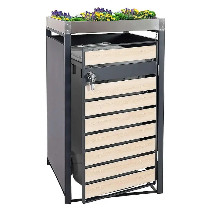 Proregal Mülltonnenbox 1er Mülltonnenverkleidung mit Pflanzkasten - Metall, Buche-Holzoptik, Geeignet für Anzahl Mülltonnen: 1 Stk. - Diese Gartentonnenbox mit Pflanzdach bietet eine stilvolle Möglichkeit, Ihre Mülltonnen zu verbergen und gleichzeitig Ihren Garten zu verschönern.