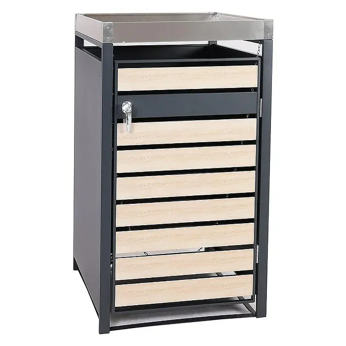 Proregal Mülltonnenbox 1er Mülltonnenverkleidung mit Pflanzkasten - Metall, Buche-Holzoptik, Geeignet für Anzahl Mülltonnen: 1 Stk. - Mülltonnenbox aus Metall mit Holzverkleidung. Die Box ist abschließbar und bietet Platz für eine einzelne Mülltonne.