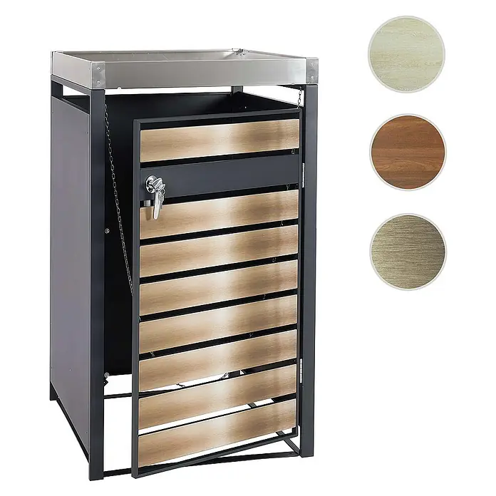 Proregal Mülltonnenbox 1er Mülltonnenverkleidung mit Pflanzkasten - Metall, Buche-Holzoptik, Geeignet für Anzahl Mülltonnen: 1 Stk. - Ein stilvoller Mülltonnenbox mit offenstehender Tür und Farboptionen zur Auswahl, ideal für den Außenbereich.