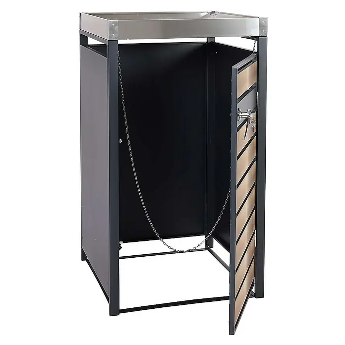 Proregal Mülltonnenbox 1er Mülltonnenverkleidung mit Pflanzkasten - Metall, Buche-Holzoptik, Geeignet für Anzahl Mülltonnen: 1 Stk. - Das Bild zeigt einen Mülltonnenbox mit einer abschließbaren Tür und einer Kette, die zur Sicherung dient.