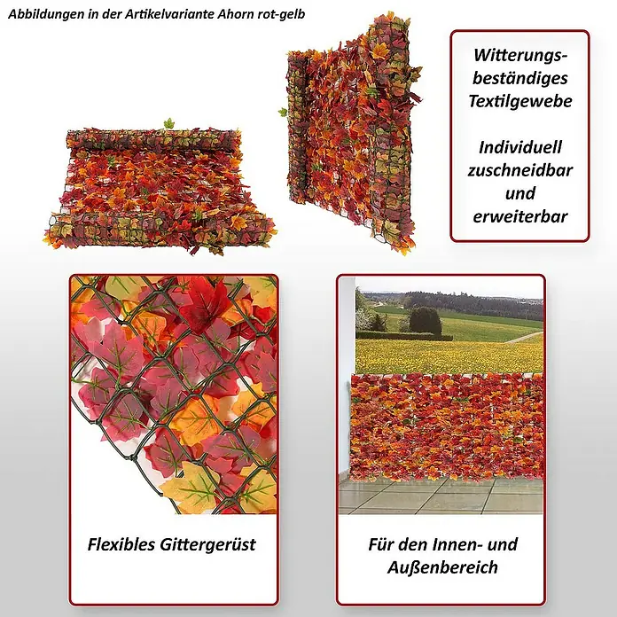 Proregal Sichtschutzelement Balkonsichtschutz - B x H: 300 x 100 cm, Kunststoff, Tanne hell - Abbildungen einer flexiblen, wetterbeständigen und erweiterbaren Sichtschutzmatte mit Ahornblättern in Rot-Gelb für den Innen- und Außenbereich.