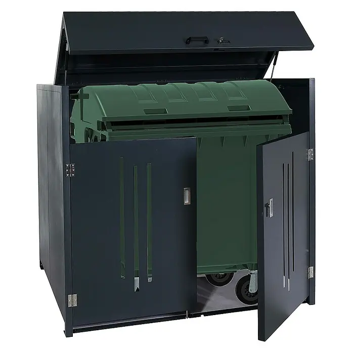Proregal Mülltonnenbox Müllcontainerverkleidung - Metall, Anthrazit, Geeignet für Anzahl Mülltonnen: 1 Stk. - Eine Mülltonnenbox mit geöffneten Türen und hochgeklapptem Deckel, die eine grüne Mülltonne enthält.