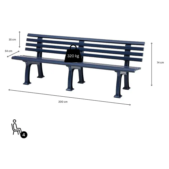 Proregal Gartenbank Antigua 4-Sitzer aus Kunststoff - Blau - Abbildung einer blauen Parkbank mit Abmessungen und Gewichtsangabe, geeignet für bis zu 4 Personen.