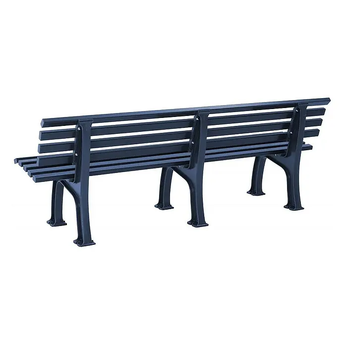Proregal Gartenbank Antigua 4-Sitzer aus Kunststoff - Blau - Ansicht von hinten einer schwarzen Parkbank mit Metallrahmen und Latten. Ideal für Parks und öffentliche Plätze.
