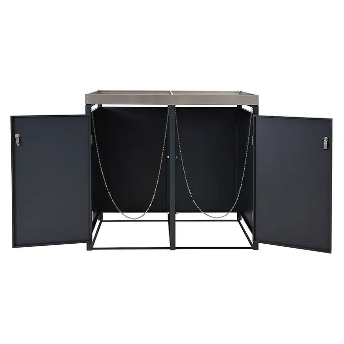 Proregal Mülltonnenbox 2er Mülltonnenverkleidung mit Pflanzkasten - 132 x 80 cm, Metall, Kirsche-Holzoptik Dunkelbraun, Geeignet für Anzahl Mülltonnen: 2 Stk. - Grauer doppelter Gasschrank mit offenen Türen und Metallketten zur sicheren Aufbewahrung von Gasflaschen im Freien.