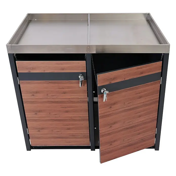 Proregal Mülltonnenbox 2er Mülltonnenverkleidung mit Pflanzkasten - 132 x 80 cm, Metall, Kirsche-Holzoptik Dunkelbraun, Geeignet für Anzahl Mülltonnen: 2 Stk. - Robuster Verkaufstisch mit abschließbaren Türen und robuster Metalloberfläche. Ideal für Märkte und Geschäfte.