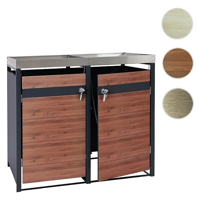 Proregal Mülltonnenbox 2er Mülltonnenverkleidung mit Pflanzkasten - 132 x 80 cm, Metall, Kirsche-Holzoptik Dunkelbraun, Geeignet für Anzahl Mülltonnen: 2 Stk. - Doppelter Mülltonnenunterstand mit Türen und Edelstahlplatte zur stilvollen Aufbewahrung von Mülltonnen im Außenbereich.