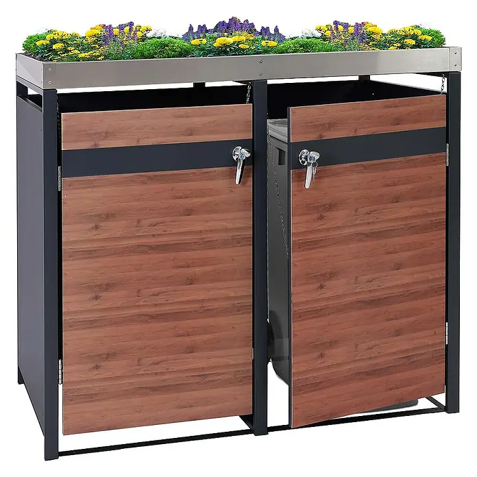 Proregal Mülltonnenbox 2er Mülltonnenverkleidung mit Pflanzkasten - 132 x 80 cm, Metall, Kirsche-Holzoptik Dunkelbraun, Geeignet für Anzahl Mülltonnen: 2 Stk. - Ein Mülltonnenverkleidung mit Bepflanzung auf dem Dach, Fronten in Holzoptik und Metallrahmen. Praktische und dekorative Lösung.
