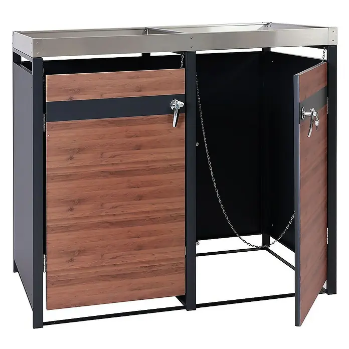 Proregal Mülltonnenbox 2er Mülltonnenverkleidung mit Pflanzkasten - 132 x 80 cm, Metall, Kirsche-Holzoptik Dunkelbraun, Geeignet für Anzahl Mülltonnen: 2 Stk. - Mülltonnenbox mit zwei Türen aus Holz und schwarzem Metallrahmen, ideal für den Außenbereich zur Aufbewahrung von Abfallbehältern.