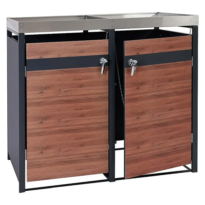 Proregal Mülltonnenbox 2er Mülltonnenverkleidung mit Pflanzkasten - 132 x 80 cm, Metall, Kirsche-Holzoptik Dunkelbraun, Geeignet für Anzahl Mülltonnen: 2 Stk. - Ein modernes Grillunterschrank-Modul mit zwei Türen im Holzdesign und einer robusten Edelstahlplatte für den Außenbereich.