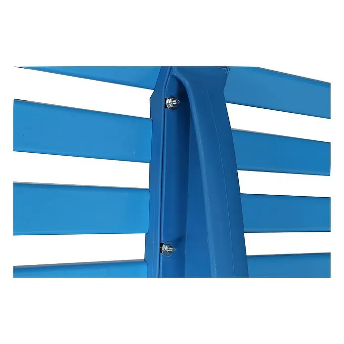 Proregal Gartenbank Antigua 2-Sitzer aus Kunststoff - Himmelblau - Nahaufnahme eines blauen Lattenrosts, der mit Schrauben an einem blauen Rahmen befestigt ist. Ideal für Kinderbetten.