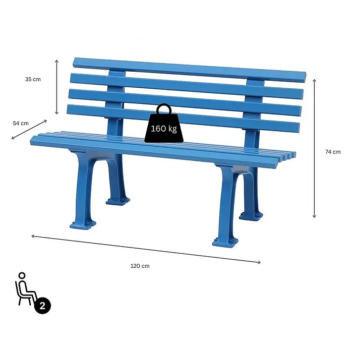 Proregal Gartenbank Antigua 2-Sitzer aus Kunststoff - Himmelblau - Blaue Parkbank mit Abmessungen und Gewichtsbegrenzung. Ideal für zwei Personen. Stabil und wetterfest.