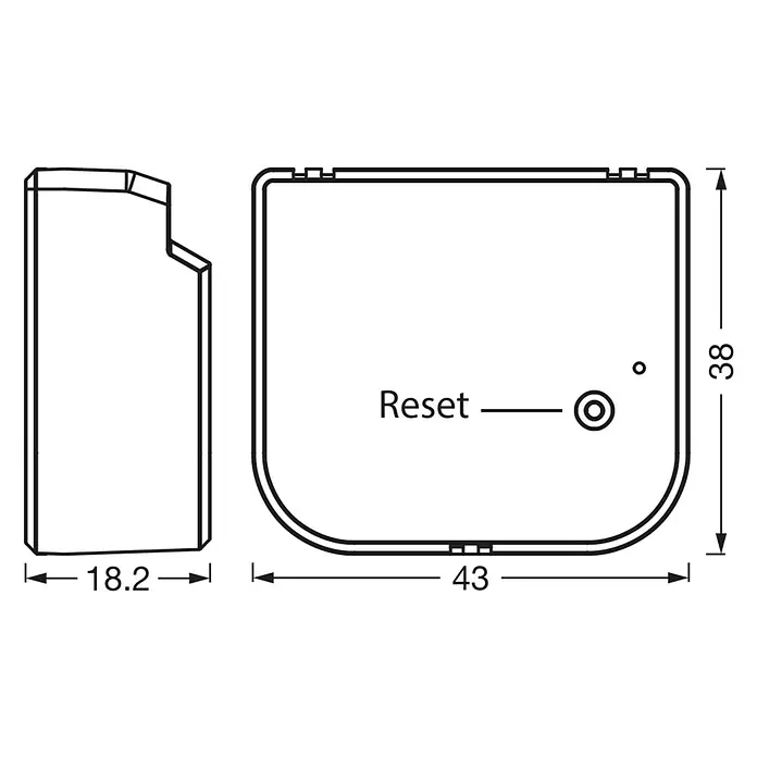 Osram Smart+ Schalter 2CH - Weiß, Innen - Schematische Darstellung des Produkts mit Maßen. Übersichtliches Design mit Reset-Taste.